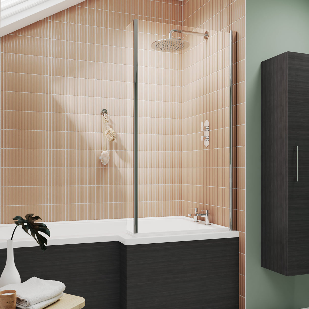 Nuie L-Shaped Hinged Bath Screen With Fixed Return - 6mm Glass (H1430 x W780-795mm) NSBS7 LS