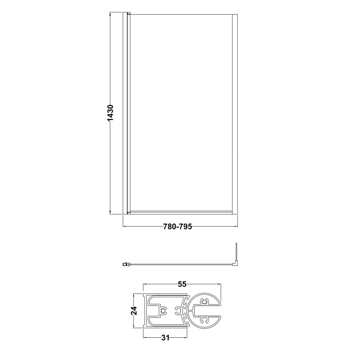 Nuie L-Shaped Hinged Bath Screen With Fixed Return - 6mm Glass (H1430 x W780-795mm) NSBS7 LD