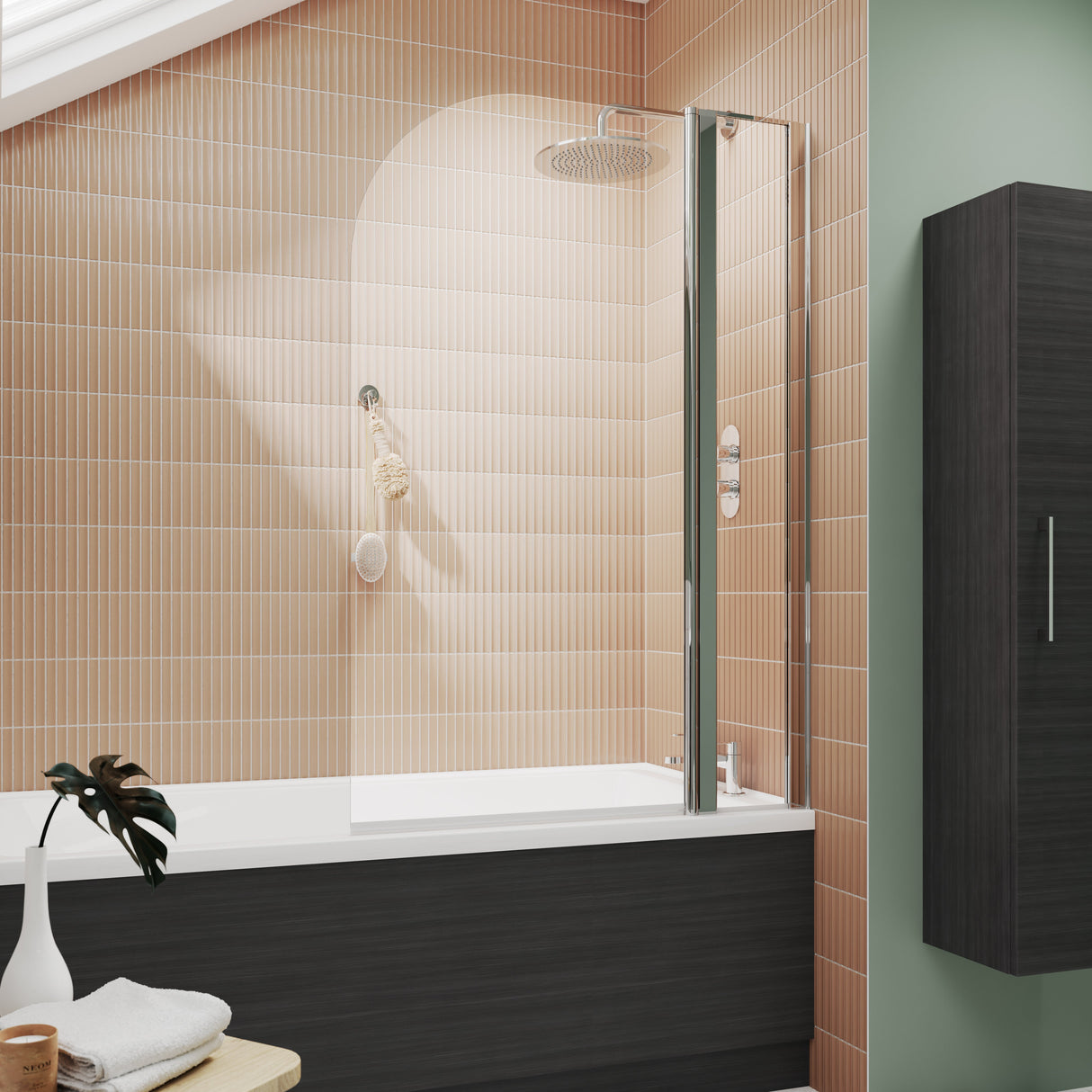 Nuie Round Hinged Bath Screen With Fixed Panel 6mm Glass (H1433 x W983-998mm) NSS2 LS