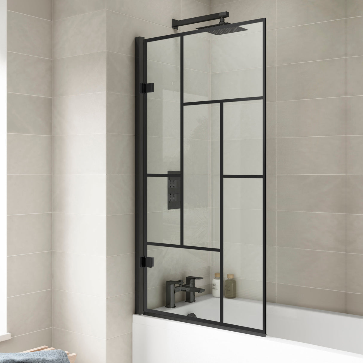 Nuie Abstract Square Hinged Bath Screen - 8mm Glass (H1520 x W815-830mm) Matt Black NSSQ7BB LS1