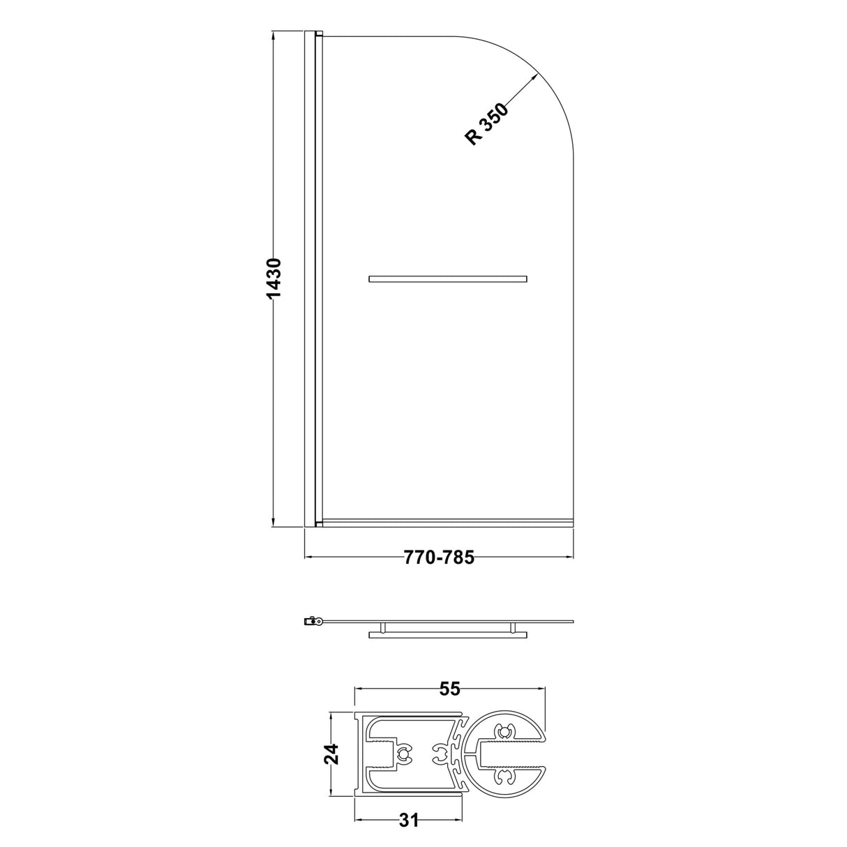 Nuie Round Hinged Bath Screen With Rail 6mm Glass (H1430 x W775-790mm) NSSR1 LD