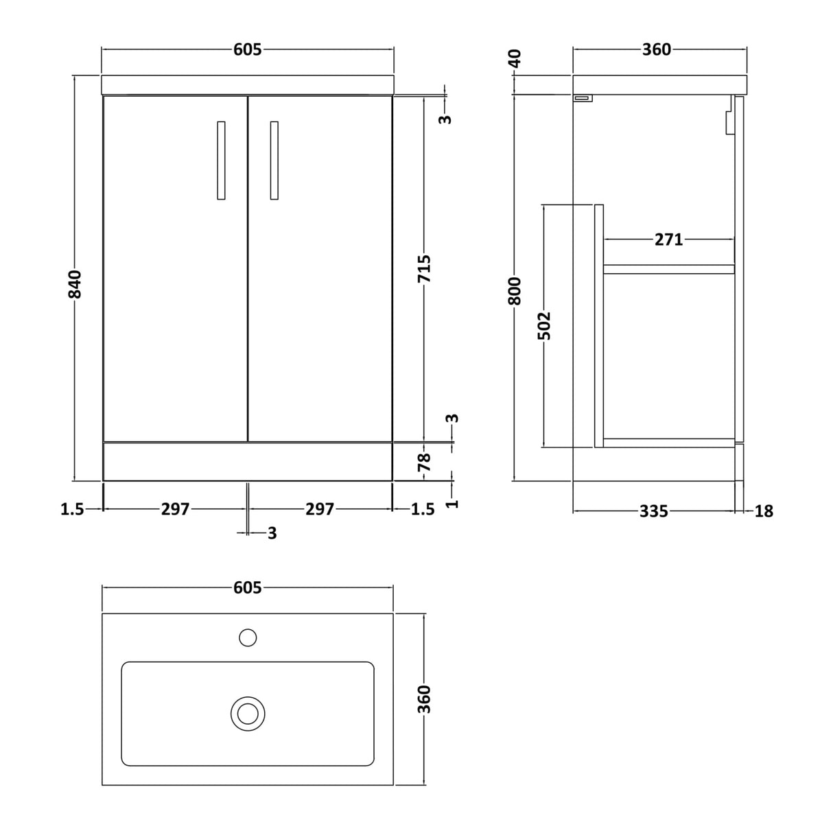 Nuie Arno Compact 600mm Floor Standing 2 Door Vanity Unit & Basin Gloss White PAL027 LD