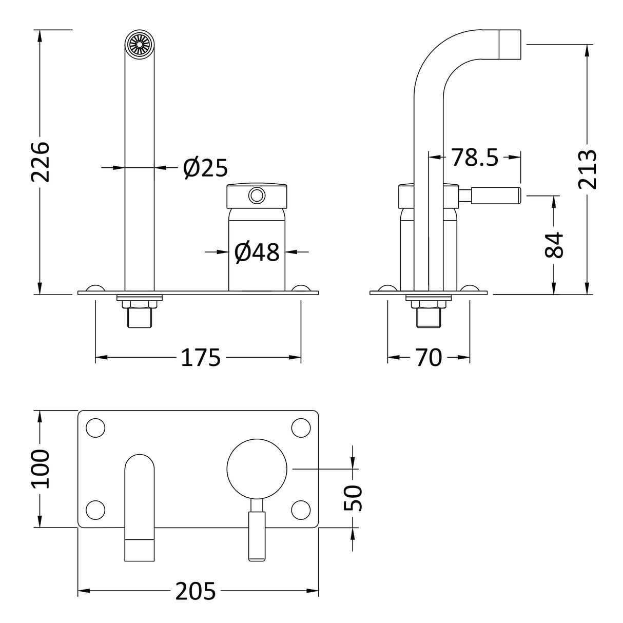 Hudson Reed Tec Lever 2-Hole Wall Mounted Basin Mixer / Bath Filler Tap With Plate Matt Black PK428 LD