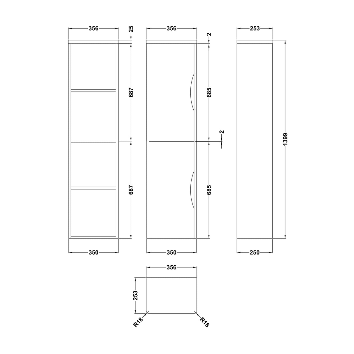 Nuie Parade 2 Door Wall Hung Tall Storage Unit W350mm Gloss White PMP163 LD