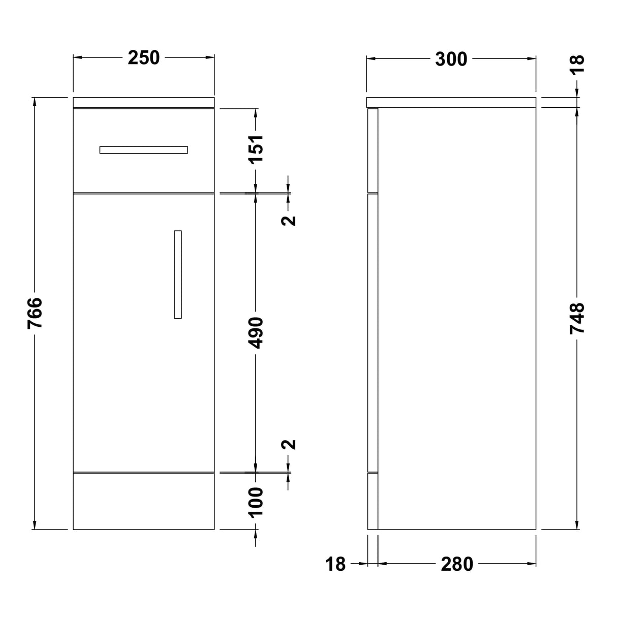 Nuie Mayford Floor Mounted 1 Drawer 1 Door Cupboard W250 x D300mm Gloss White PRC171 LD