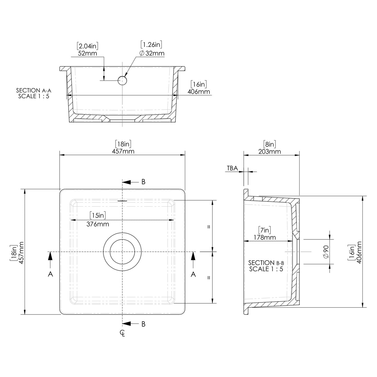 Nuie 1.0 Bowl Ceramic Undermount Kitchen Sink & Overflow 457 x 457 x 203mm - White