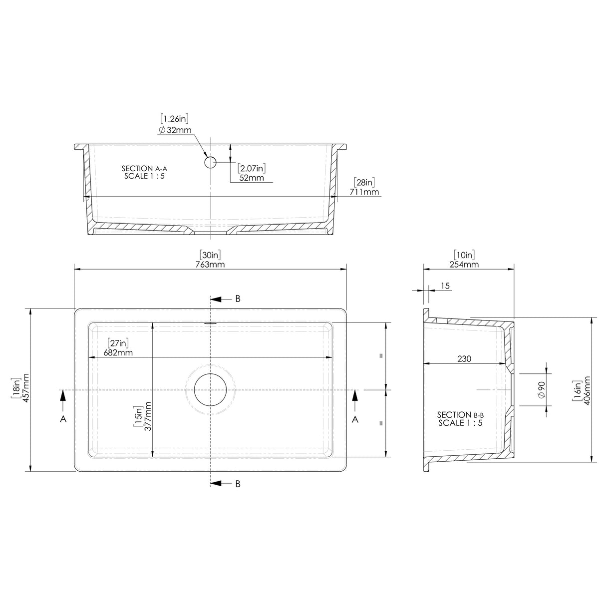 Nuie 1.0 Bowl Ceramic Undermount Kitchen Sink & Overflow 763 x 457 x 254mm - White PS12630 LD