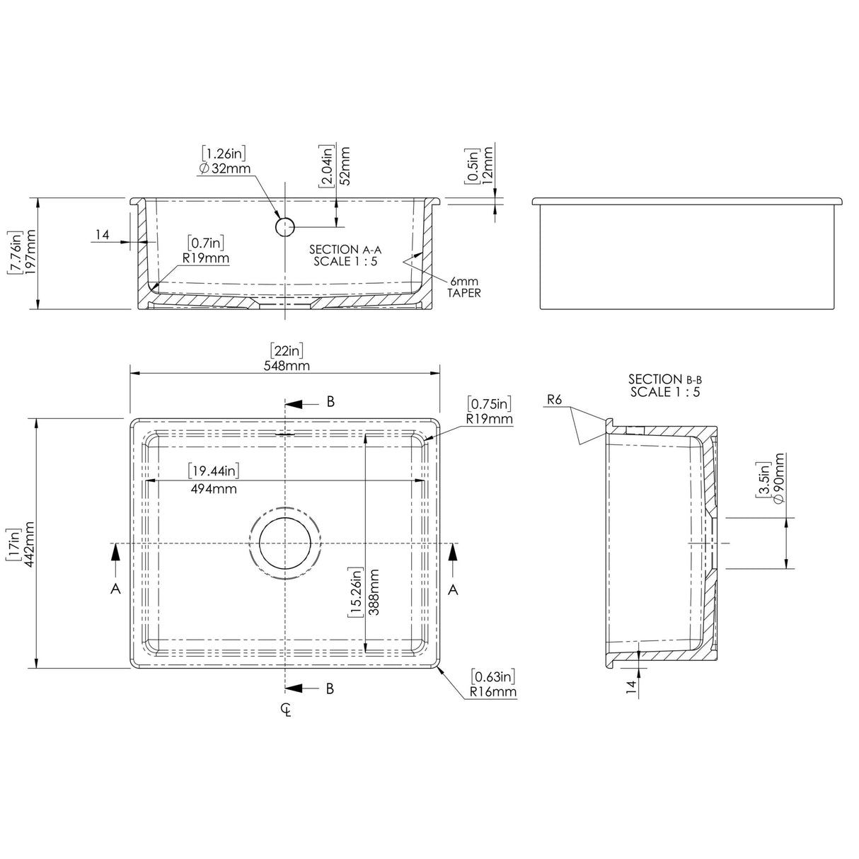 Nuie 1.0 Bowl Ceramic Undermount Kitchen Sink, Central Waste & Overflow 548 x 442 x 197mm - White PS13022 LD
