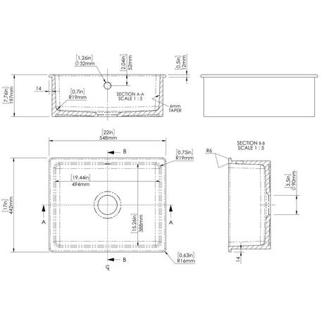 Nuie 1.0 Bowl Ceramic Undermount Kitchen Sink, Central Waste & Overflow 548 x 442 x 197mm - White PS13022 LD