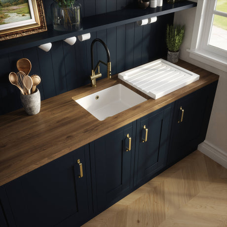 Nuie 1.0 Bowl Ceramic Undermount Kitchen Sink, Central Waste & Overflow 548 x 442 x 197mm - White PS13022 LS