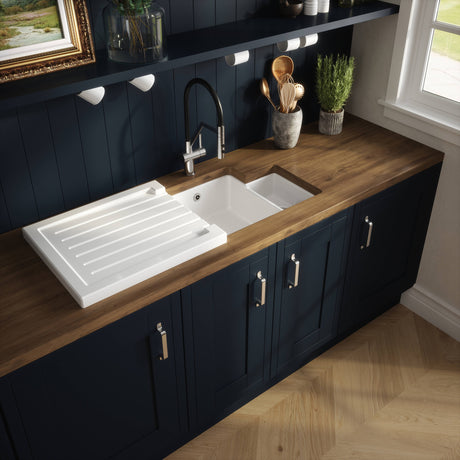 Nuie 1.5 Bowl Ceramic Undermount Kitchen Sink, Central Waste & Overflow 549 x 441 x 195mm Left-Handed - White PS130H22L LS1