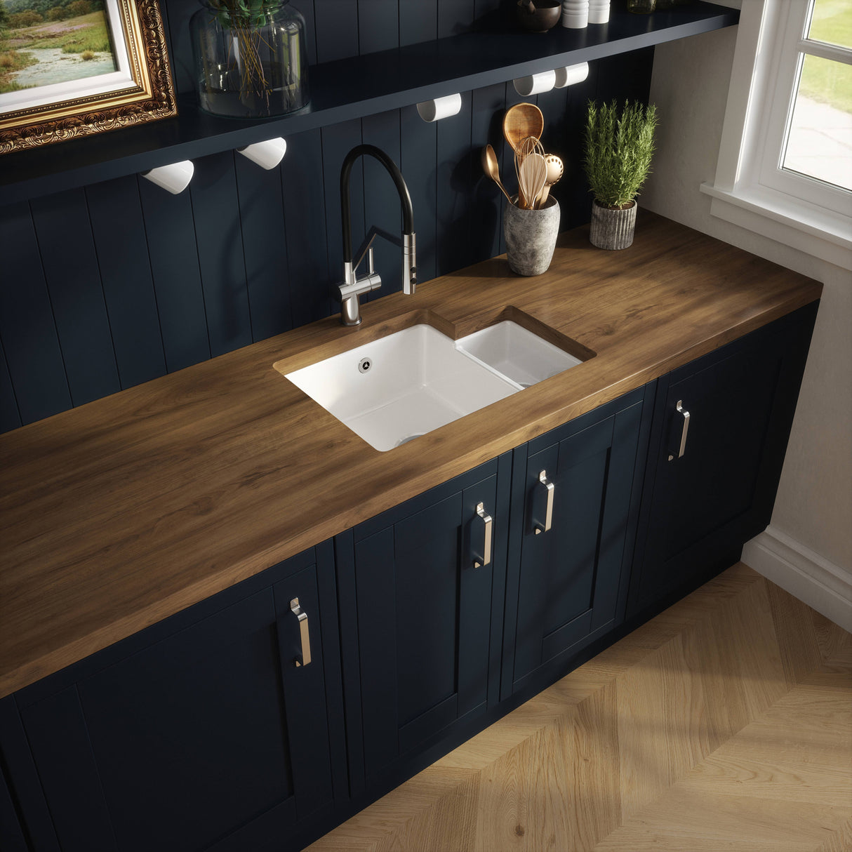 Nuie 1.5 Bowl Ceramic Undermount Kitchen Sink, Central Waste & Overflow 549 x 441 x 195mm Left-Handed - White PS130H22L LS3