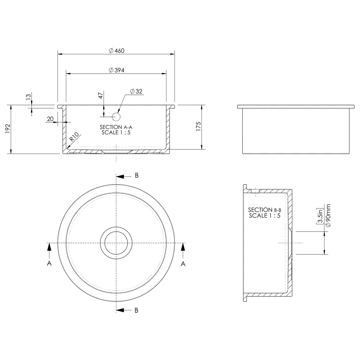 Nuie 1.0 Bowl Round Ceramic Undermount Kitchen Sink, Central Waste & Overflow 460 x 191mm - White PS18018 LD