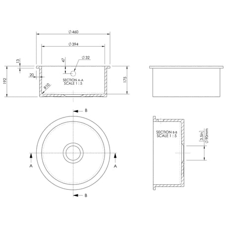 Nuie 1.0 Bowl Round Ceramic Undermount Kitchen Sink, Central Waste & Overflow 460 x 191mm - White PS18018 LD