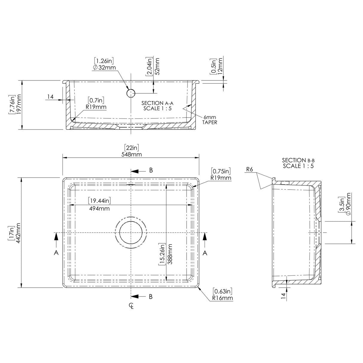Nuie 1.0 Bowl Ceramic Undermount Kitchen Sink, Central Waste & Overflow 548 x 442 x 197mm - Soft Black PS43022 LD