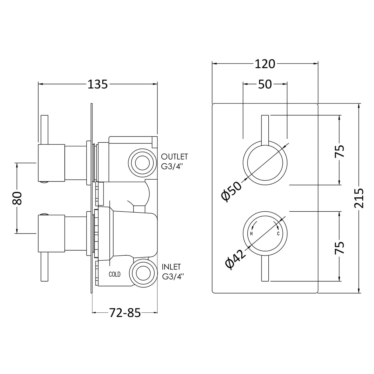 Nuie Round 2 Outlet Thermostatic Concealed Shower Valve With Diverter Chrome QUEV52 LD