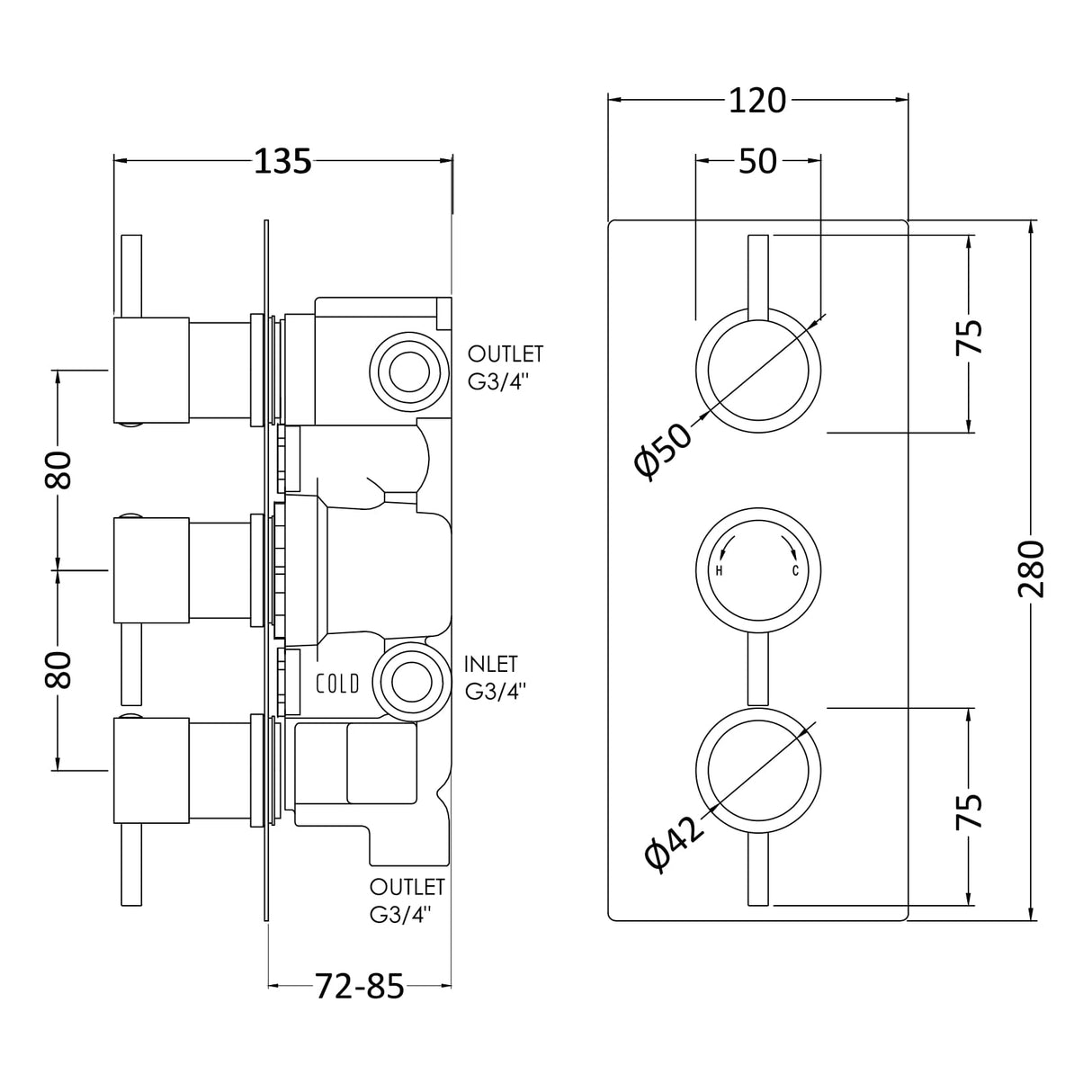 Nuie Round 3 Outlet Thermostatic Concealed Shower Valve With Diverter Chrome QUEV56 LD