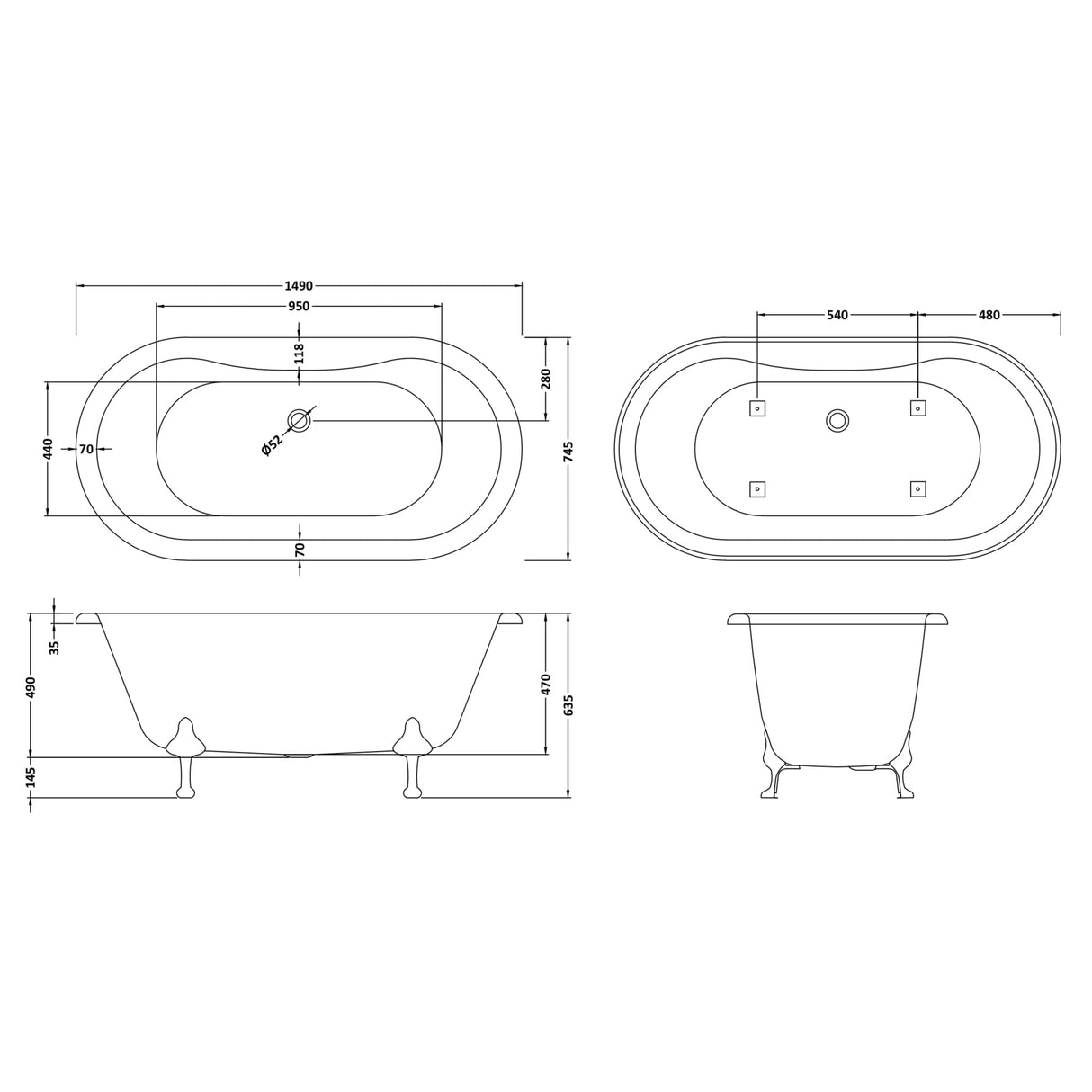 Old London Kingsbury Double Ended Freestanding Bath - Deacon Leg Set RL1501M1 LD