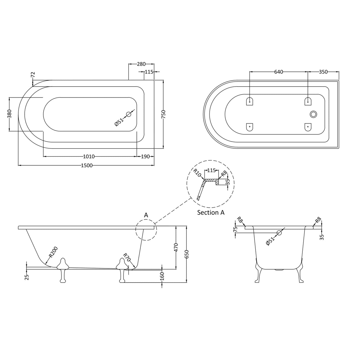Old London Winterburn Single Ended Shower Bath - Deacon Leg Set RLF1500M1 LD