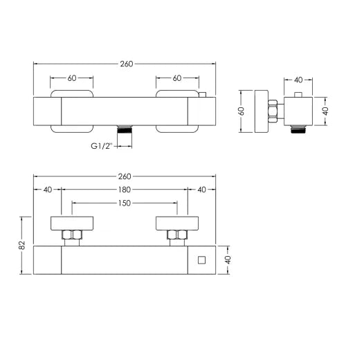Nuie Sanford Square Thermostatic Bar Shower Mixer Chrome SAN503 LD