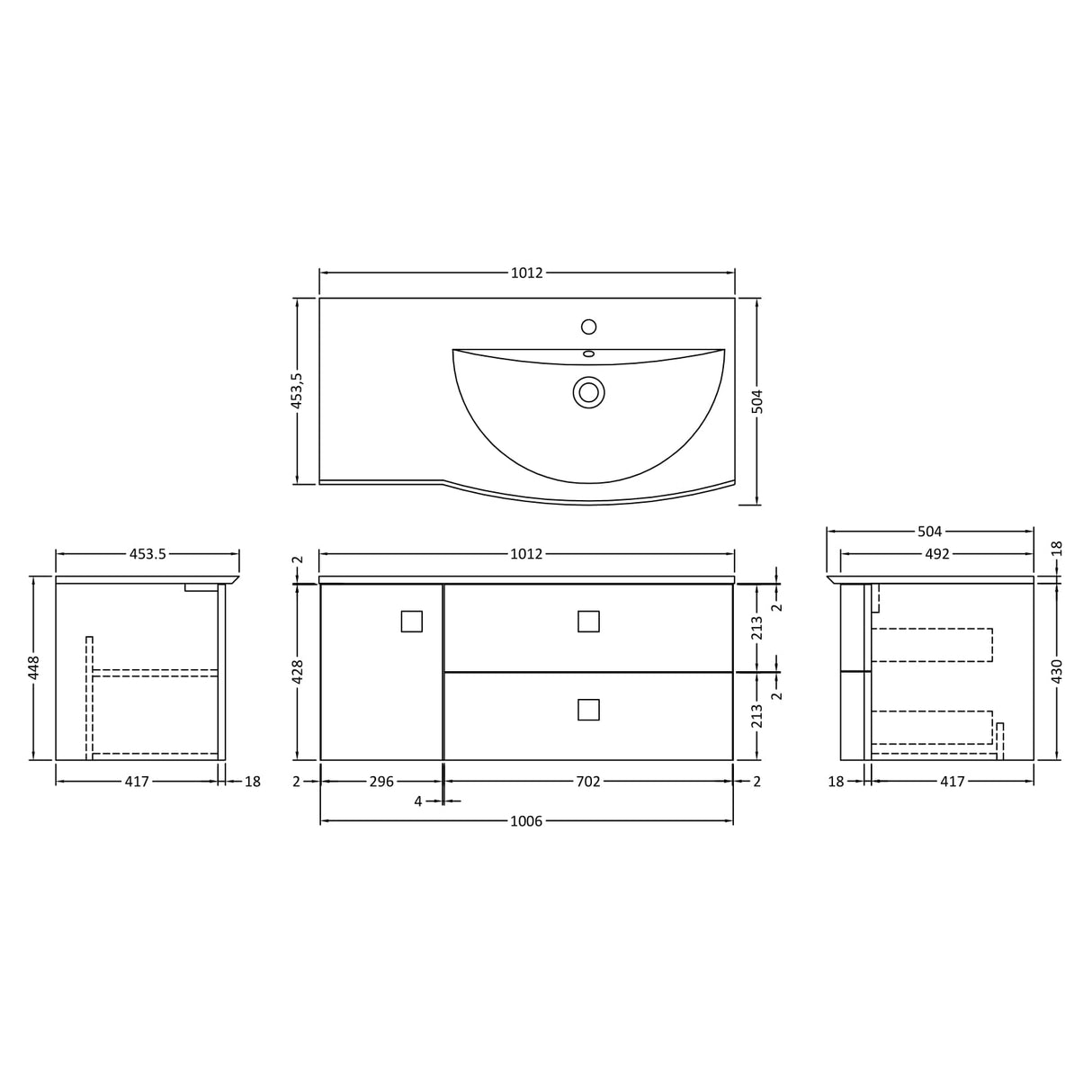 Hudson Reed Sarenna 1000mm RH Wall Hung 2 Drawer Vanity Unit, Basin & Door Moon White SAR102R LD