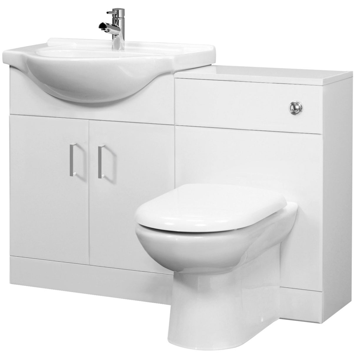 Nuie Saturn Toilet & Basin Suite W1033mm - 2 Door Vanity Unit & Round Basin Gloss White SAT001