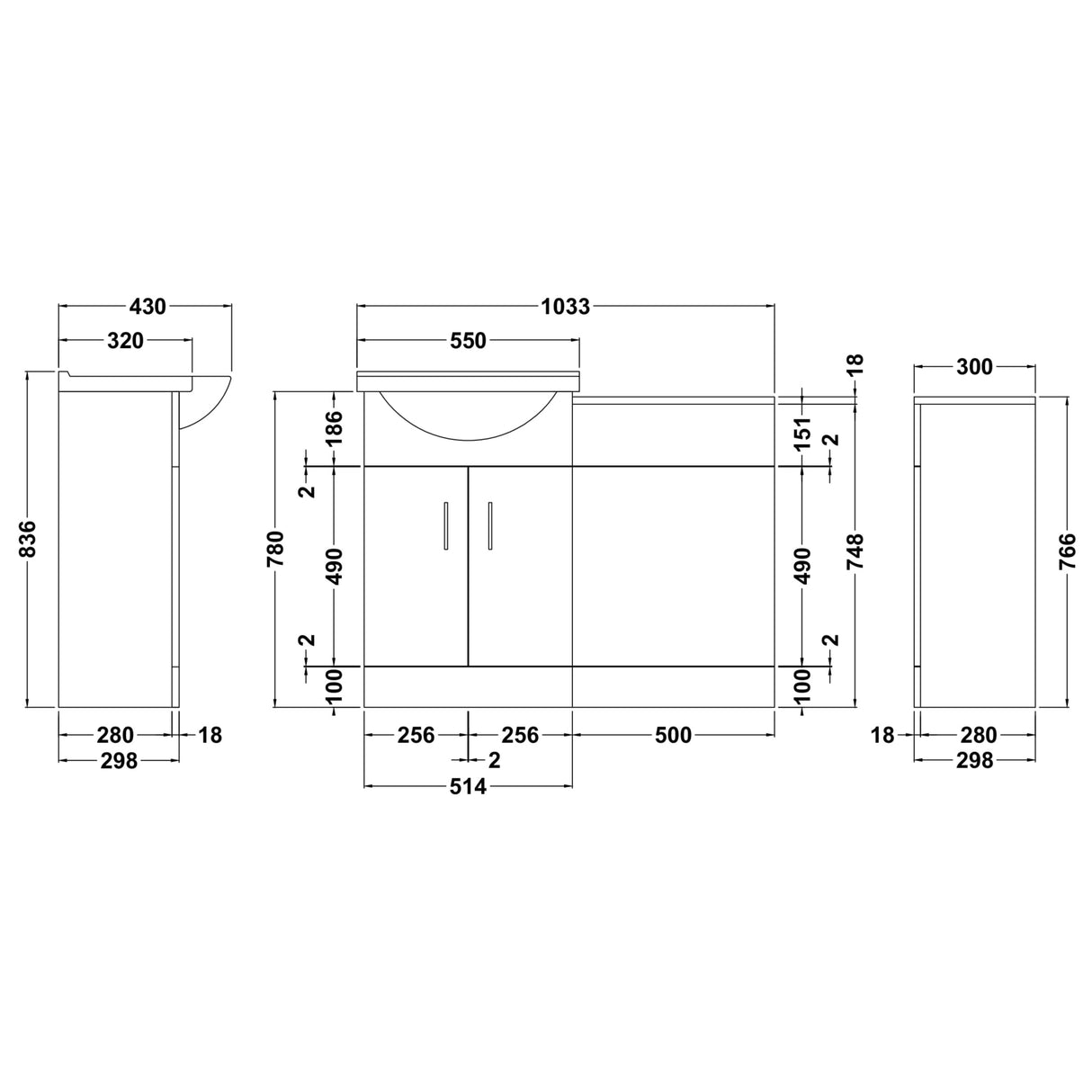 Nuie Saturn Toilet & Basin Suite W1033mm - 2 Door Vanity Unit & Round Basin Gloss White SAT001 LD