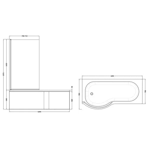 Nuie P-Shaped Shower Bath With Bath Screen & Acrylic Front Bath Panel White SBATH22 LD