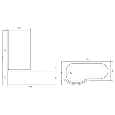 Nuie P-Shaped Shower Bath With Bath Screen & Acrylic Front Bath Panel White SBATH22 LD