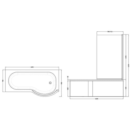 Nuie P-Shaped Shower Bath With Bath Screen & Acrylic Front Bath Panel White SBATH23 LD