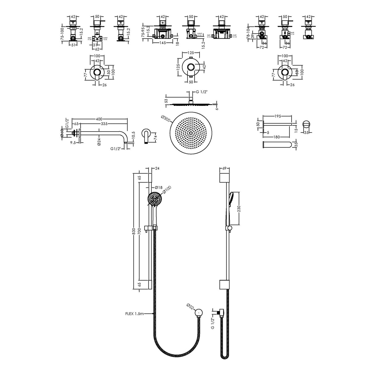 Nuie Arvan Round 3 Outlet Thermostatic Shower & Bath Set With Diverter Chrome SBR136ST3 LD