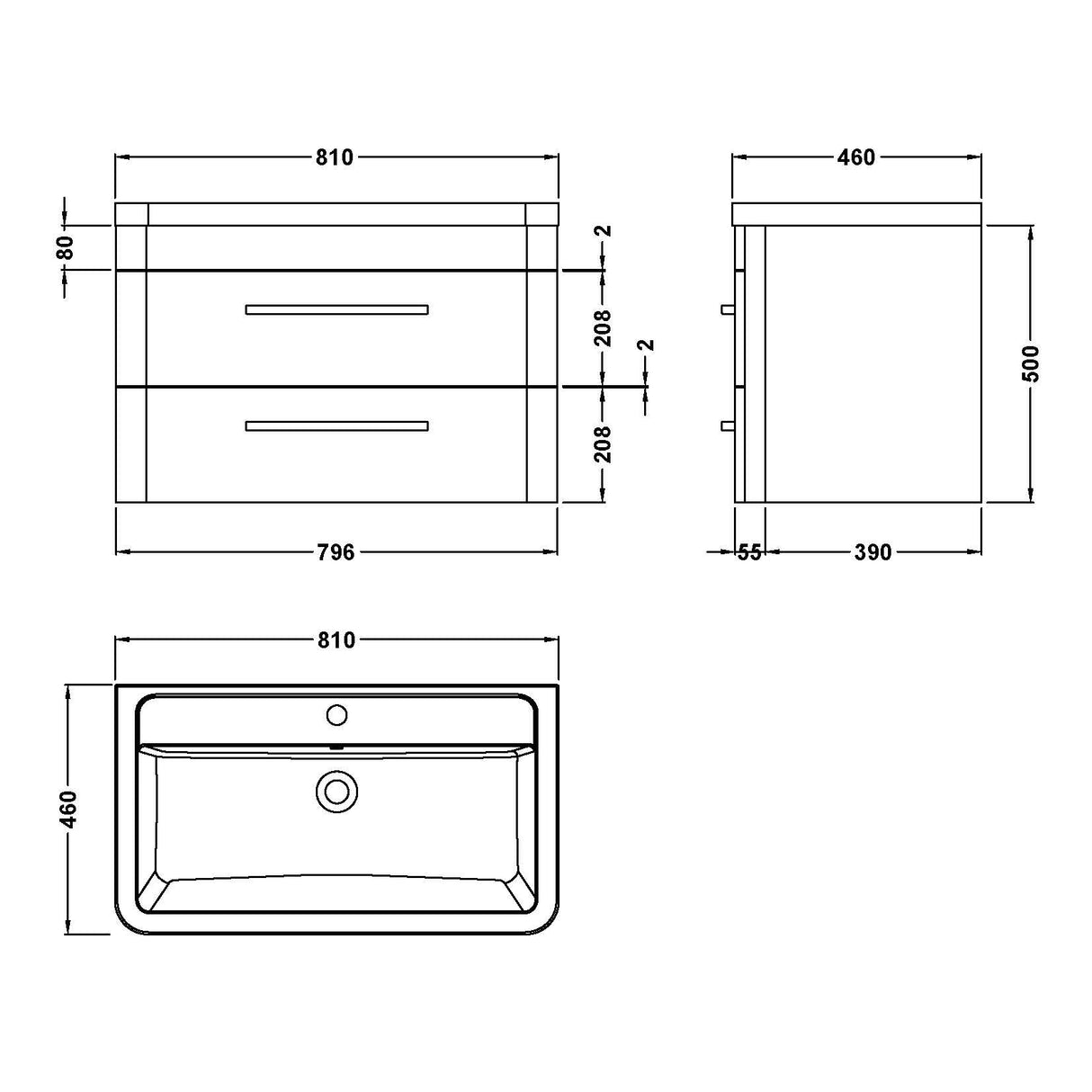 Hudson Reed Solar 800mm Wall Hung Vanity Unit & Basin, 2 Drawers Pure White SOL104A LD