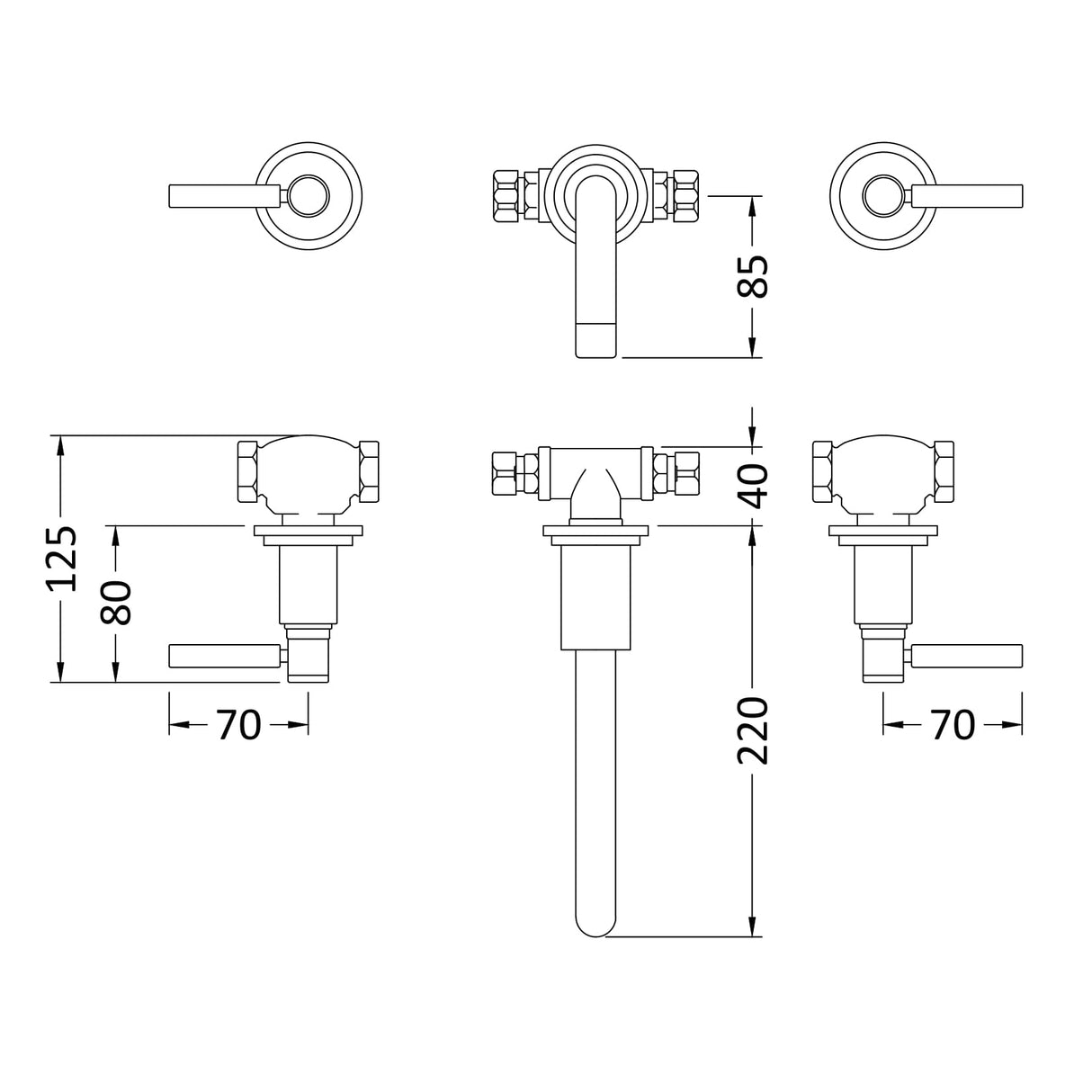 Hudson Reed Tec Lever 3-Hole Wall Mounted Basin Mixer Tap Matt Black TEL417 LD