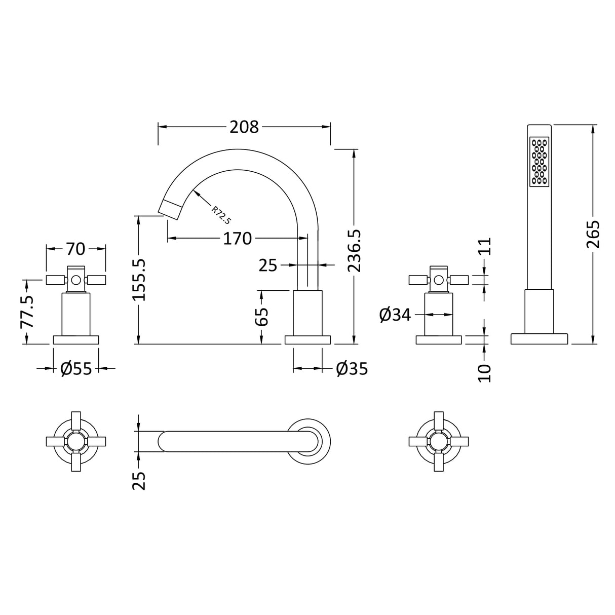 Hudson Reed Tec Crosshead 4-Hole Bath Shower Mixer Tap With Swivel Spout & Shower Kit Chrome TEX334S LD