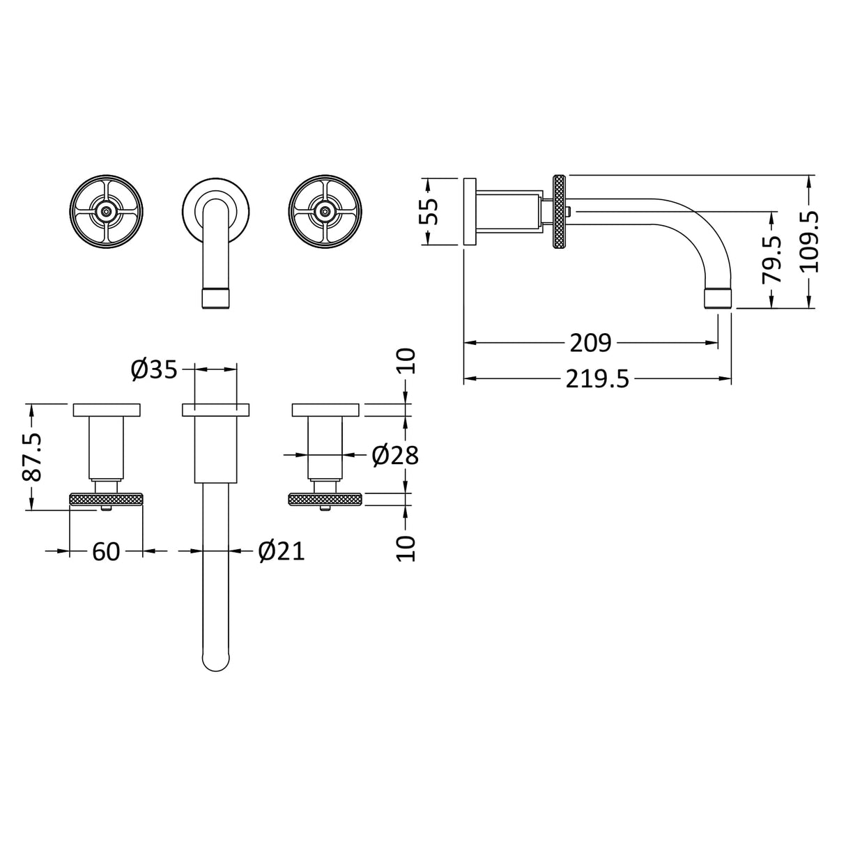 Hudson Reed Revolution 3-Hole Wall Mounted Basin Mixer Tap Matt Black TIW417 LD