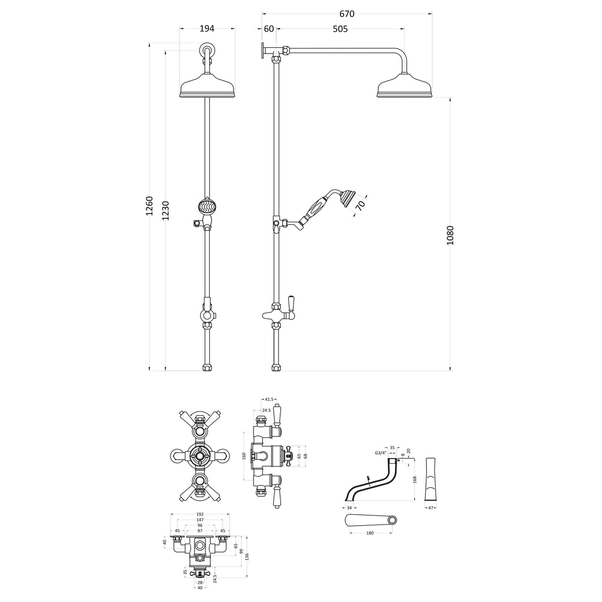 Hudson Reed Topaz 3 Outlet Thermostatic Shower & Bath Set With Diverter TSVT103 LD