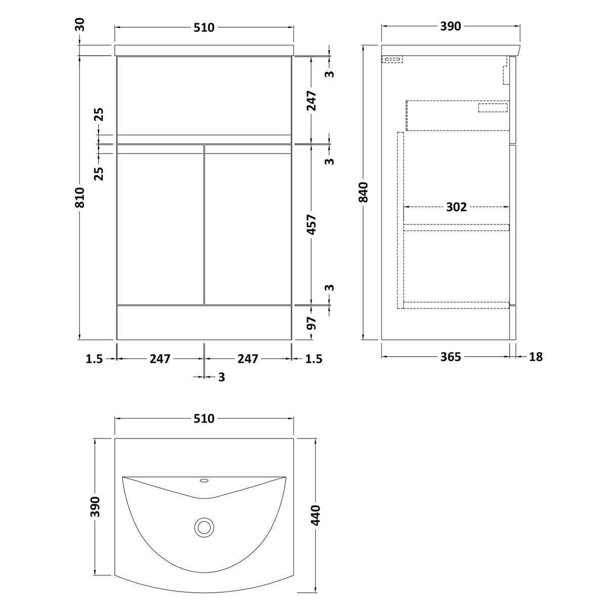 Hudson Reed Urban 500mm Freestanding Vanity Unit & Basin, 2 Doors, 1 Drawer Satin White URB101G LD