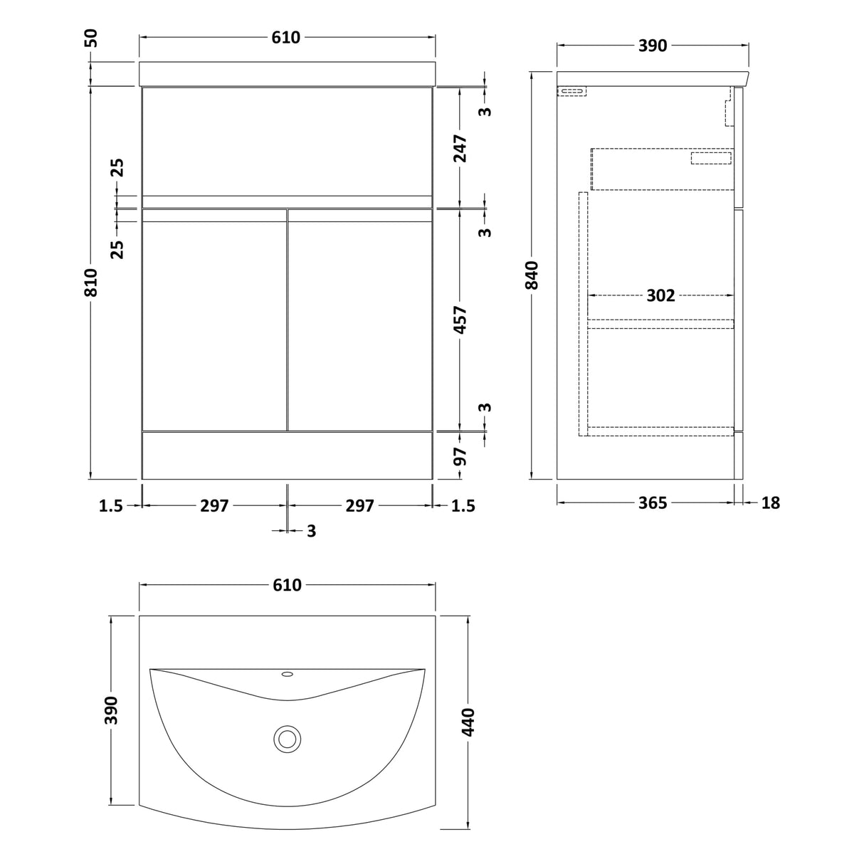 Hudson Reed Urban 600mm Freestanding Vanity Unit & Basin, 2 Doors, 1 Drawer Satin White URB103G LD