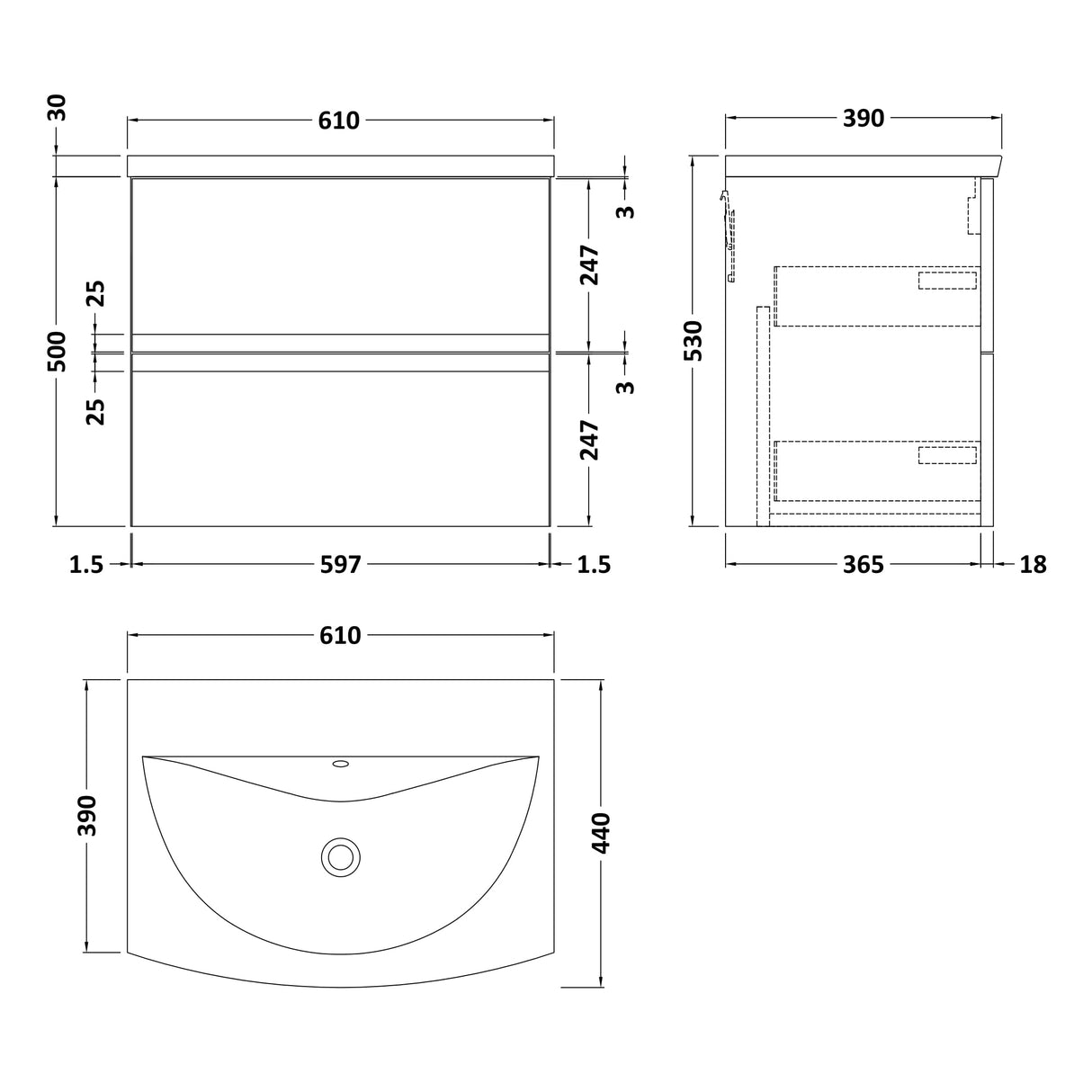 Hudson Reed Urban 600mm Wall Hung Vanity Unit & Basin, 2 Drawers Satin White URB104G LD