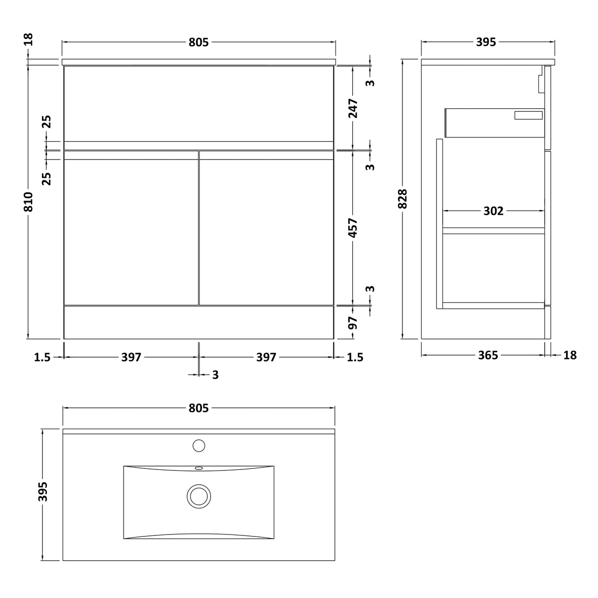 Hudson Reed Urban 800mm Freestanding Vanity Unit & Basin, 2 Doors, 1 Drawer Satin White URB105B LD