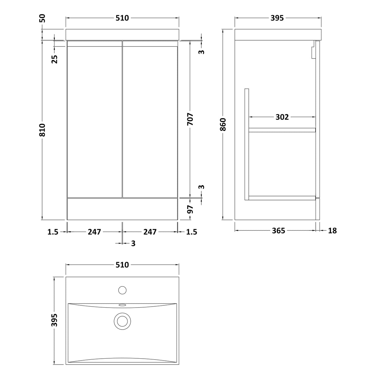 Hudson Reed Urban 500mm Freestanding Vanity Unit & Basin, 2 Doors Satin White URB107D LD