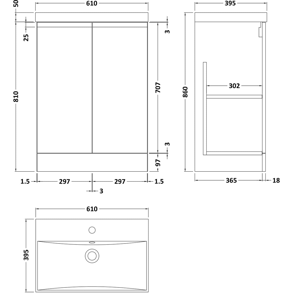 Hudson Reed Urban 600mm Freestanding Vanity Unit & Basin, 2 Doors Satin White URB108D LD
