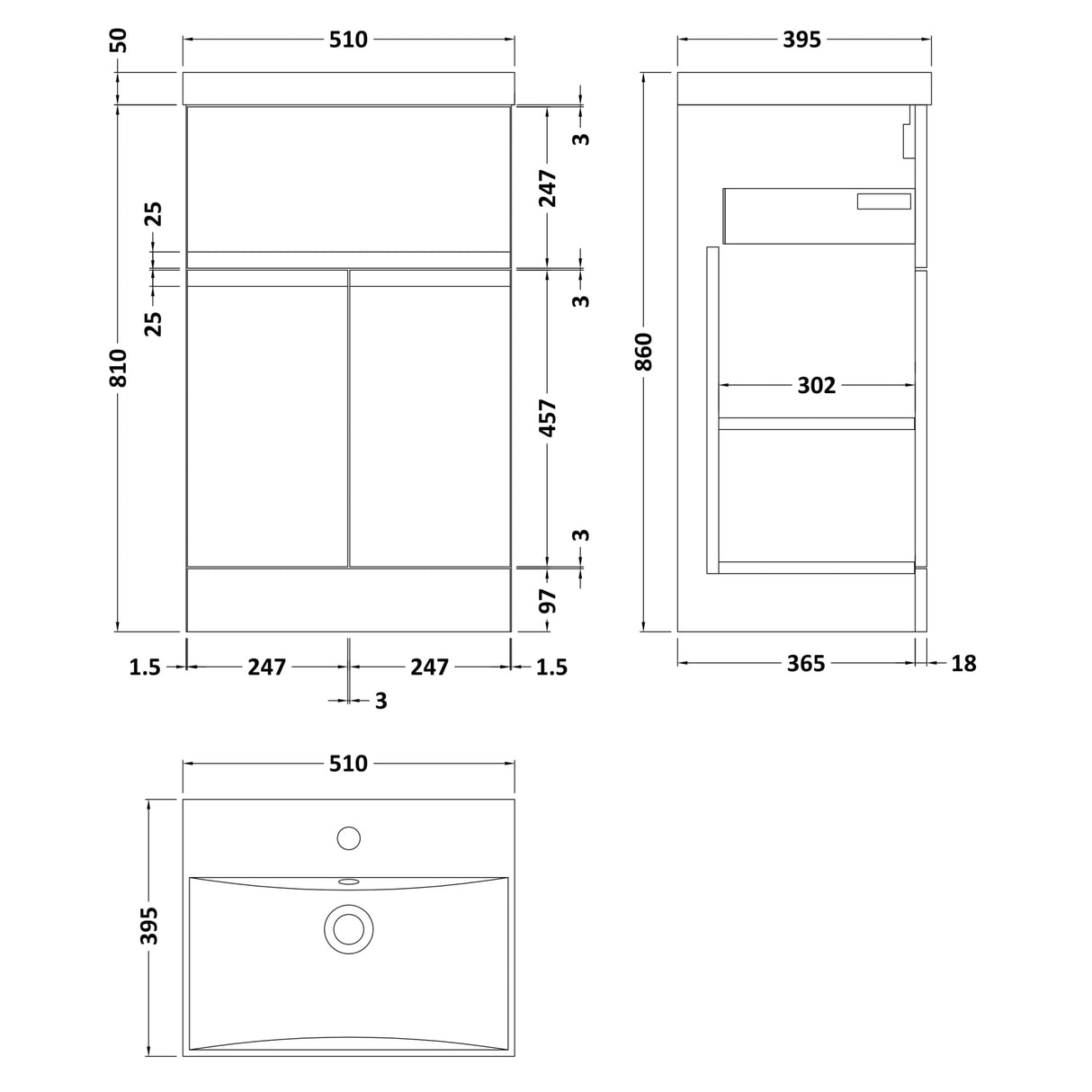 Hudson Reed Urban 500mm Freestanding Vanity Unit & Basin, 2 Doors, 1 Drawer Soft Black URB1401D LD
