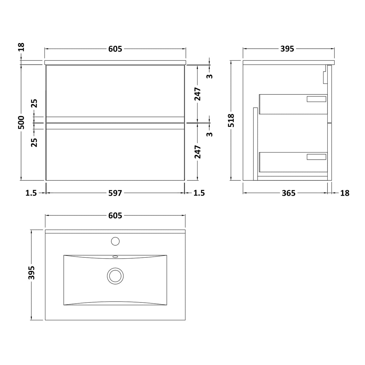Hudson Reed Urban 600mm Wall Hung Vanity Unit & Basin, 2 Drawers Soft Black URB1404B LD