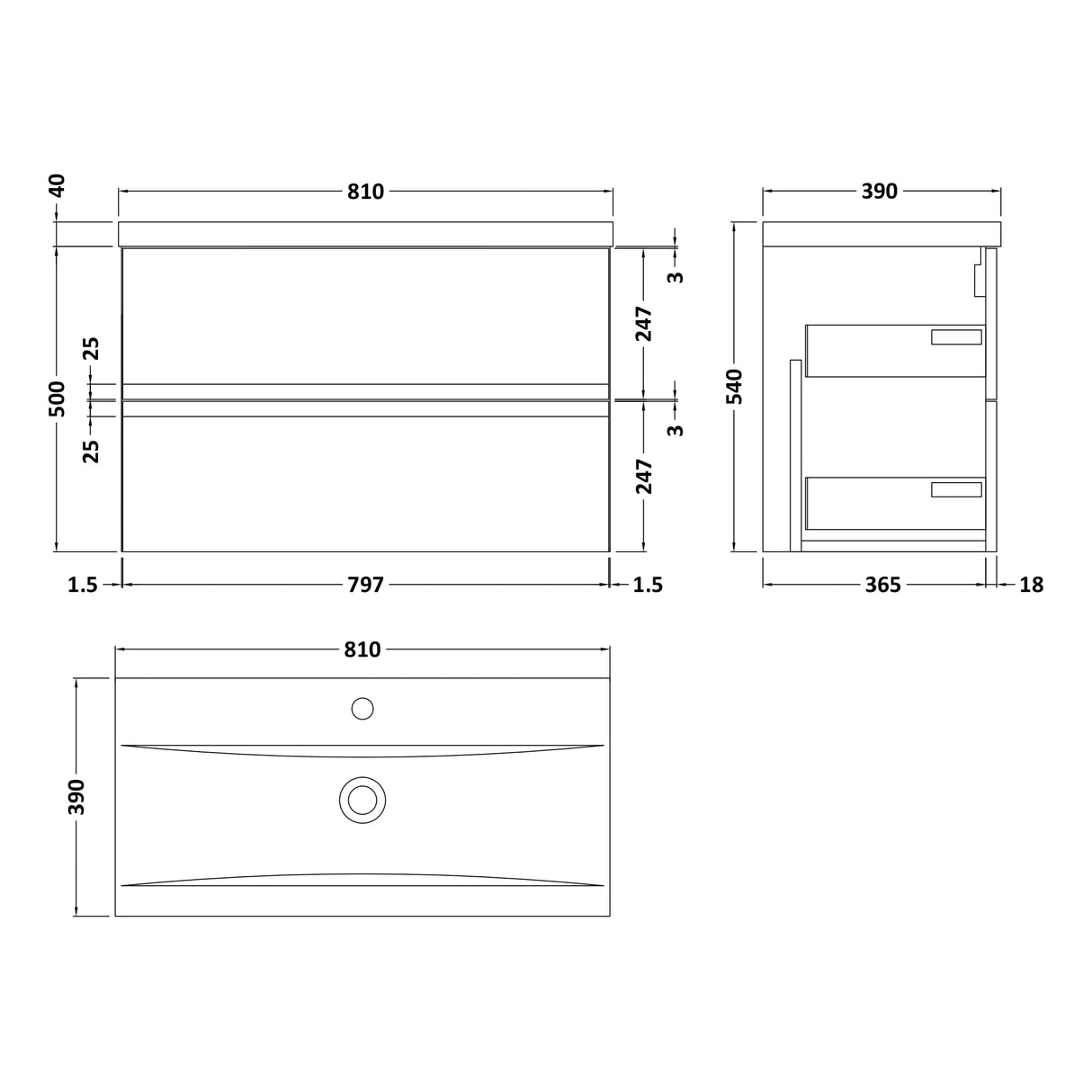 Hudson Reed Urban 800mm Wall Hung Vanity Unit & Basin, 2 Drawers Soft Black URB1406A LD