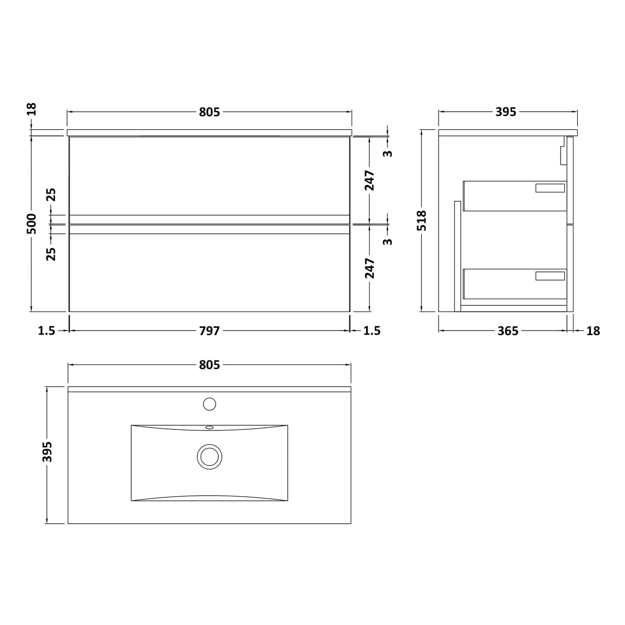 Hudson Reed Urban 800mm Wall Hung Vanity Unit & Basin, 2 Drawers Soft Black URB1406B LD