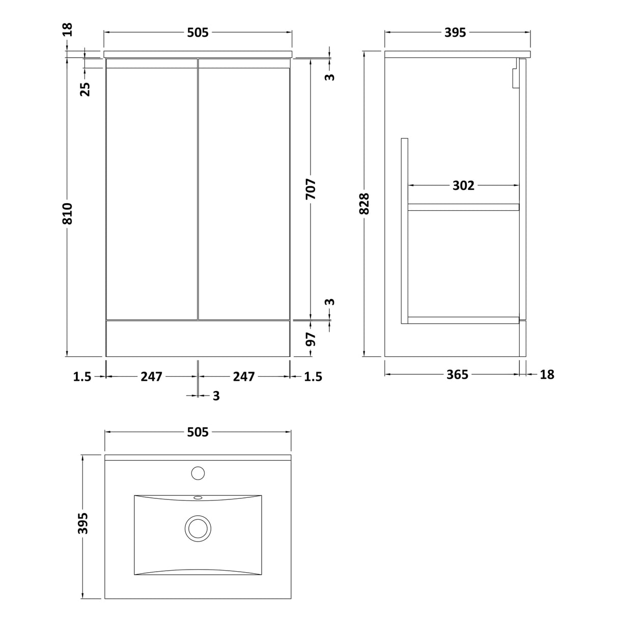 Hudson Reed Urban 500mm Freestanding Vanity Unit & Basin, 2 Doors Soft Black URB1407B LD