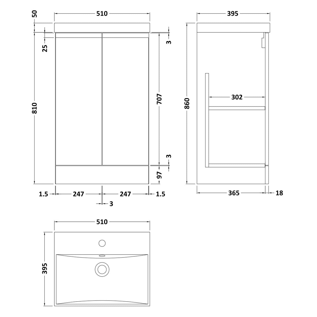 Hudson Reed Urban 500mm Freestanding Vanity Unit & Basin, 2 Doors Soft Black URB1407D LD