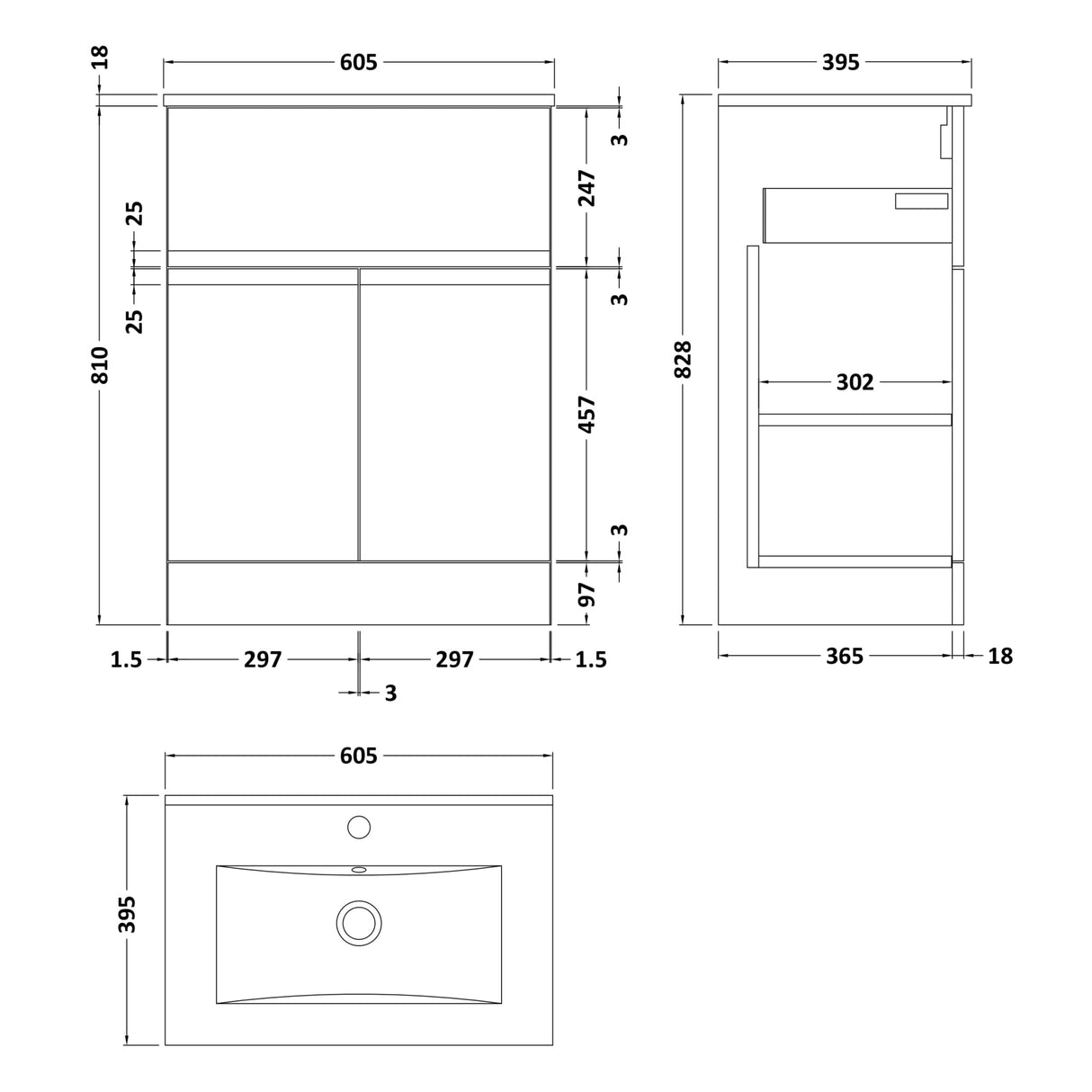 Hudson Reed Urban 600mm Freestanding Vanity Unit & Basin, 2 Doors, 1 Drawer Satin Grey URB203B LD