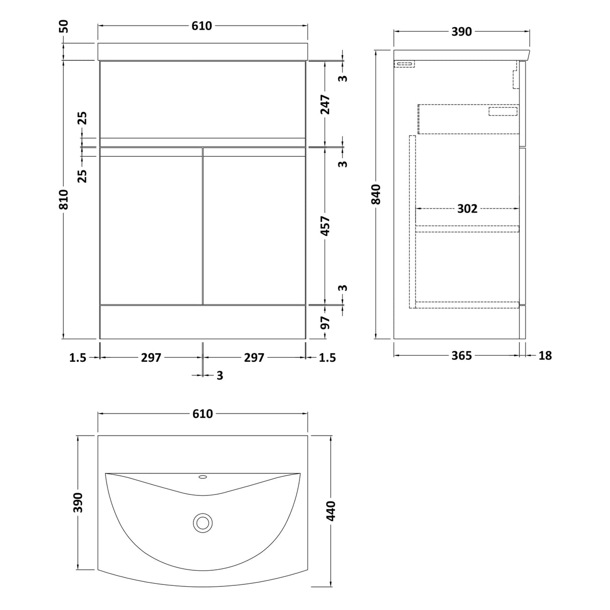 Hudson Reed Urban 600mm Freestanding Vanity Unit & Basin, 2 Doors, 1 Drawer Satin Grey URB203G LD